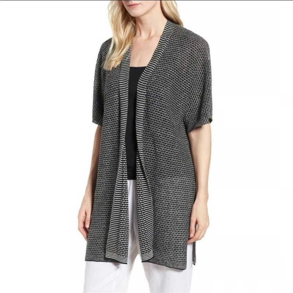 Eileen Fisher black and white organic linen short sleeve long cardigan kimono